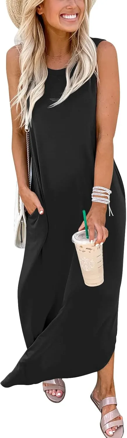 Prinbara Women's Maxi Dress Summer Casual Long Subdress Sleeveless Split Loose Trendy Beach Dresses