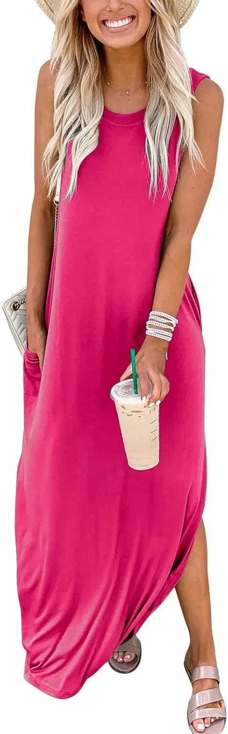 Prinbara Women's Maxi Dress Summer Casual Long Subdress Sleeveless Split Loose Trendy Beach Dresses