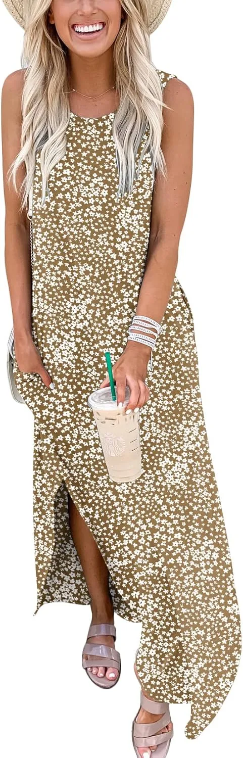 Prinbara Women's Maxi Dress Summer Casual Long Subdress Sleeveless Split Loose Trendy Beach Dresses