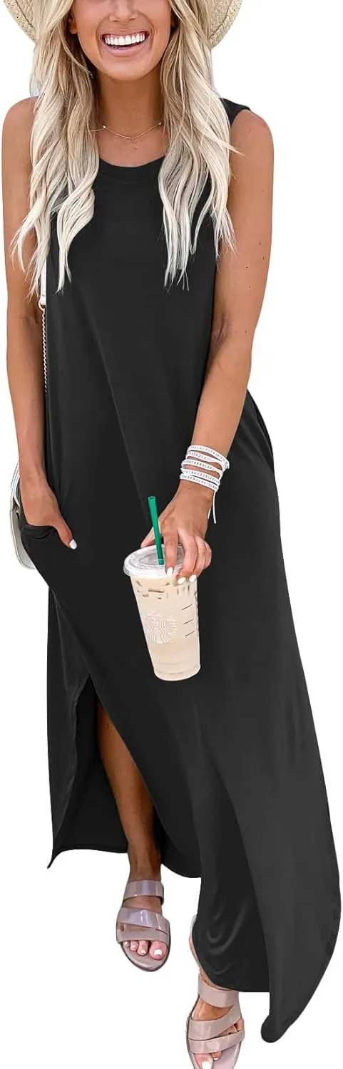 Prinbara Women's Maxi Dress Summer Casual Long Subdress Sleeveless Split Loose Trendy Beach Dresses