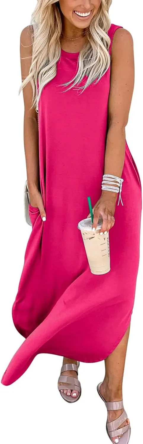 Prinbara Women's Maxi Dress Summer Casual Long Subdress Sleeveless Split Loose Trendy Beach Dresses