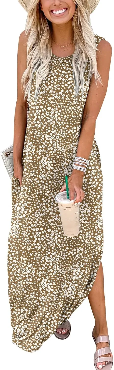 Prinbara Women's Maxi Dress Summer Casual Long Subdress Sleeveless Split Loose Trendy Beach Dresses
