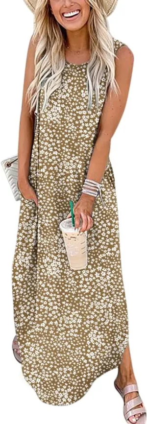 Prinbara Women's Maxi Dress Summer Casual Long Subdress Sleeveless Split Loose Trendy Beach Dresses