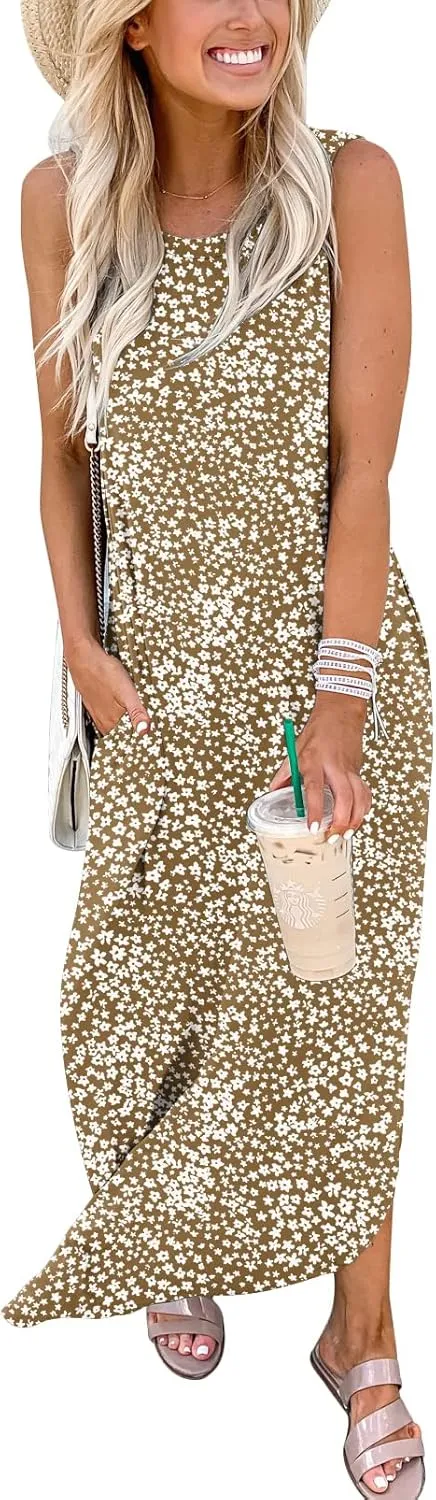 Prinbara Women's Maxi Dress Summer Casual Long Subdress Sleeveless Split Loose Trendy Beach Dresses