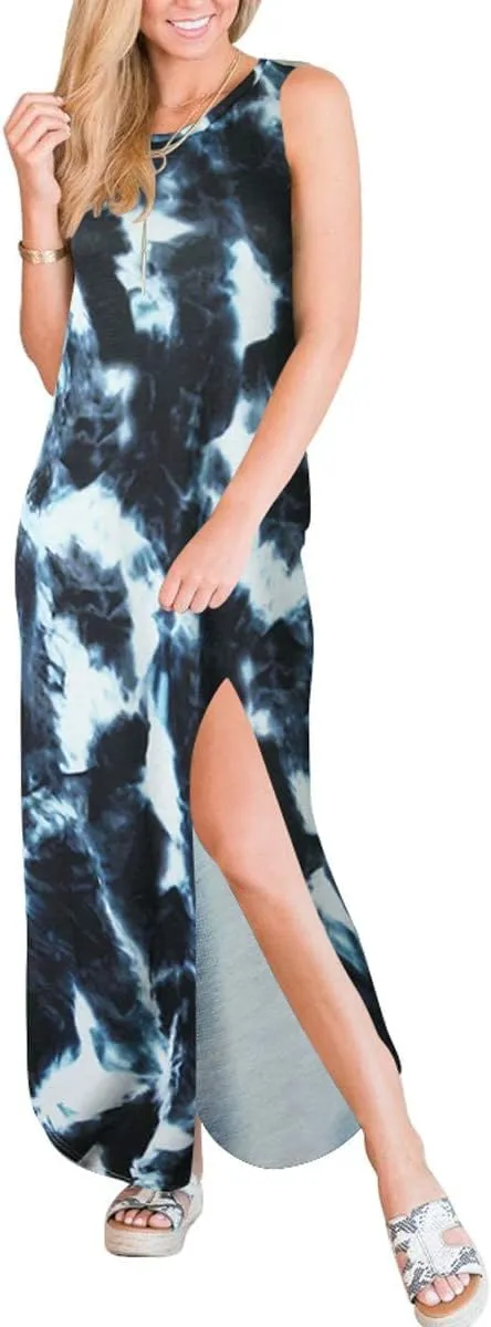Prinbara Women's Maxi Dress Summer Casual Long Subdress Sleeveless Split Loose Trendy Beach Dresses