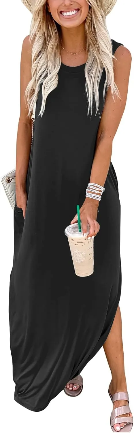 Prinbara Women's Maxi Dress Summer Casual Long Subdress Sleeveless Split Loose Trendy Beach Dresses