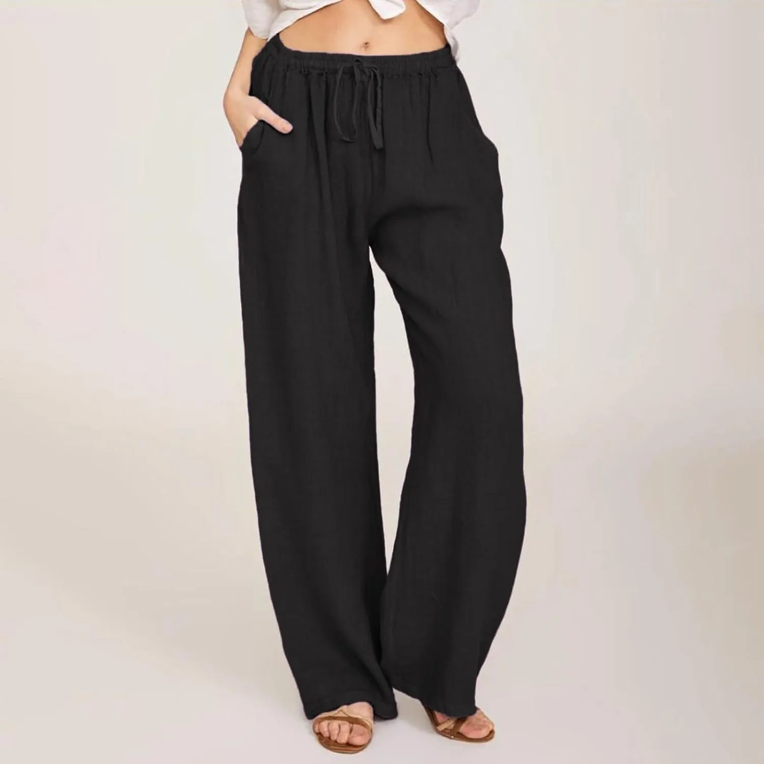 PTOLOCIF Cotton Linen Pants Women,Wide Leg Harem Pants Loose Elastic Waist Palazzo Pants Comfy Lounge Baggy Sweatpants