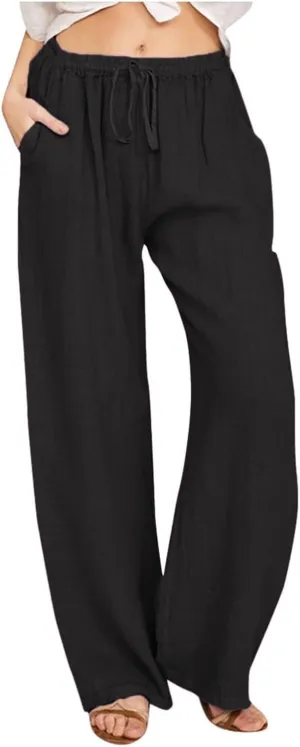PTOLOCIF Cotton Linen Pants Women,Wide Leg Harem Pants Loose Elastic Waist Palazzo Pants Comfy Lounge Baggy Sweatpants