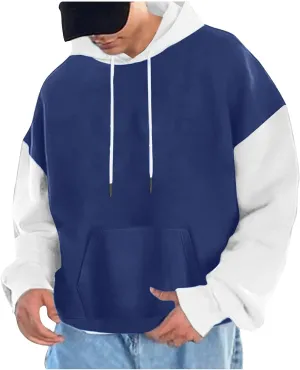 Pullover Casual Color Block Sweatshirts For Men Midweight Loose Drawstring Hooded Sweatshirt With Pocket
