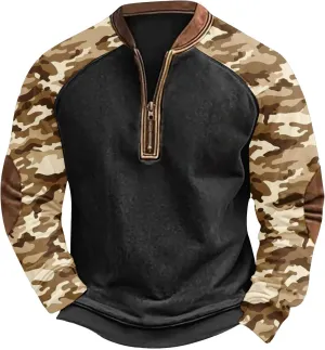 QWENTMTNTY Camo Sweatshirt for Men Crewneck Camouflage Western Light Weight Big and Tall Zip Cool Vintage Pullover Shirts