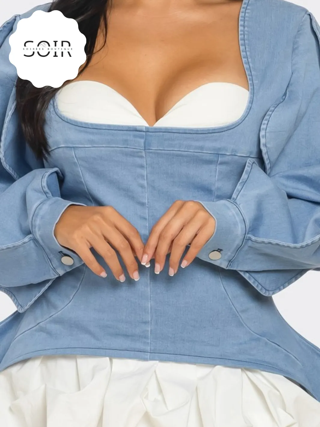 Raiyani Belle Denim Peplum Puffer Corset Mini Dress