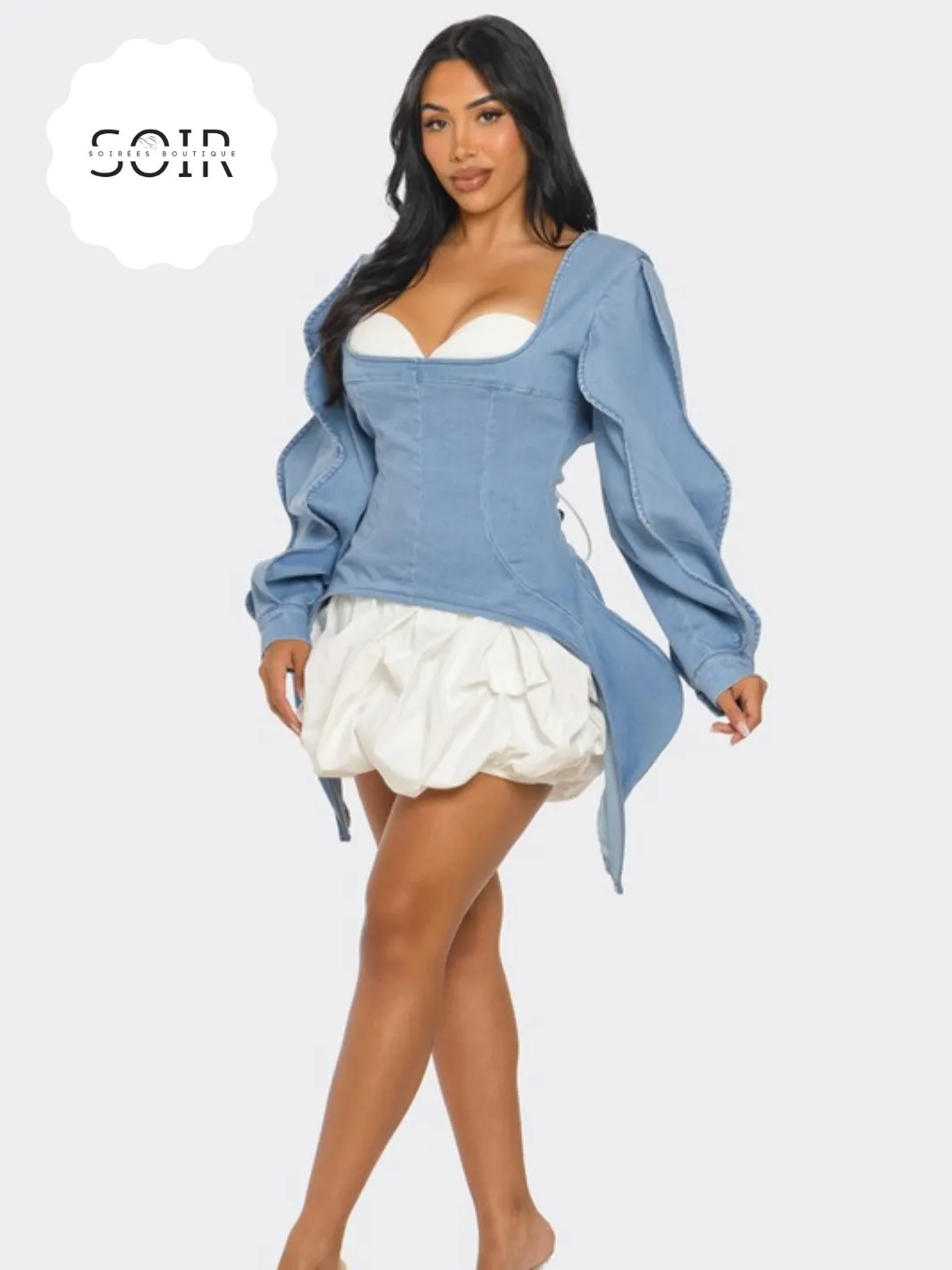 Raiyani Belle Denim Peplum Puffer Corset Mini Dress