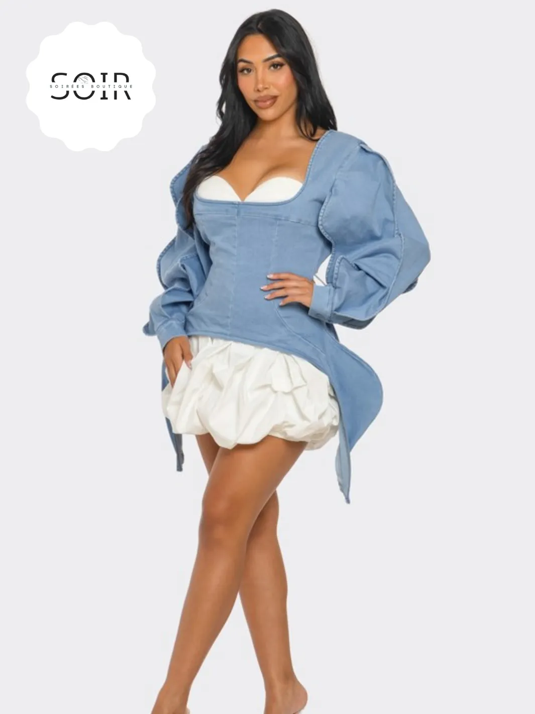 Raiyani Belle Denim Peplum Puffer Corset Mini Dress