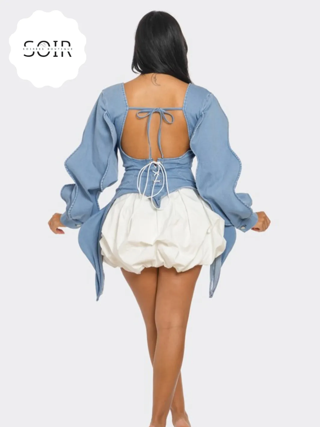 Raiyani Belle Denim Peplum Puffer Corset Mini Dress