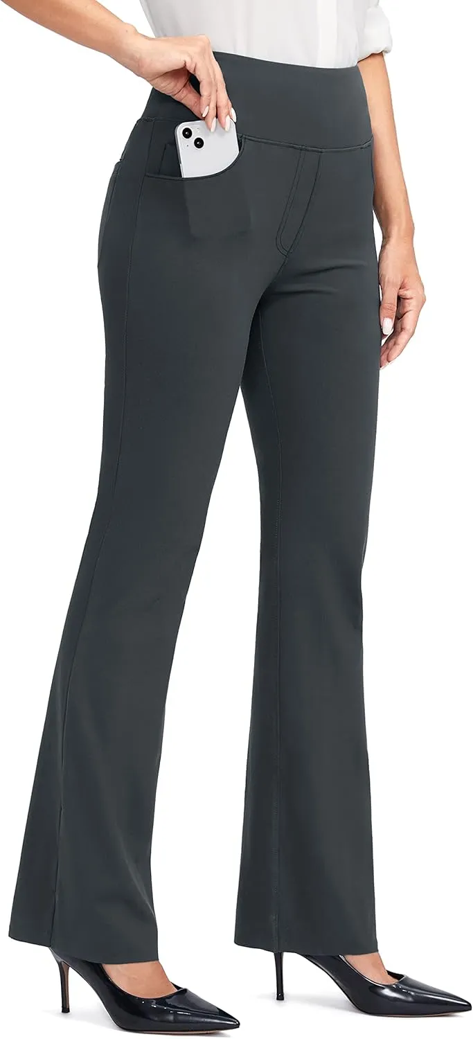 Rammus Womens High Waist Yoga Dress Pants with Pockets Stretch Work Pants for Women Bootcut Leg Slacks for Office Casual
