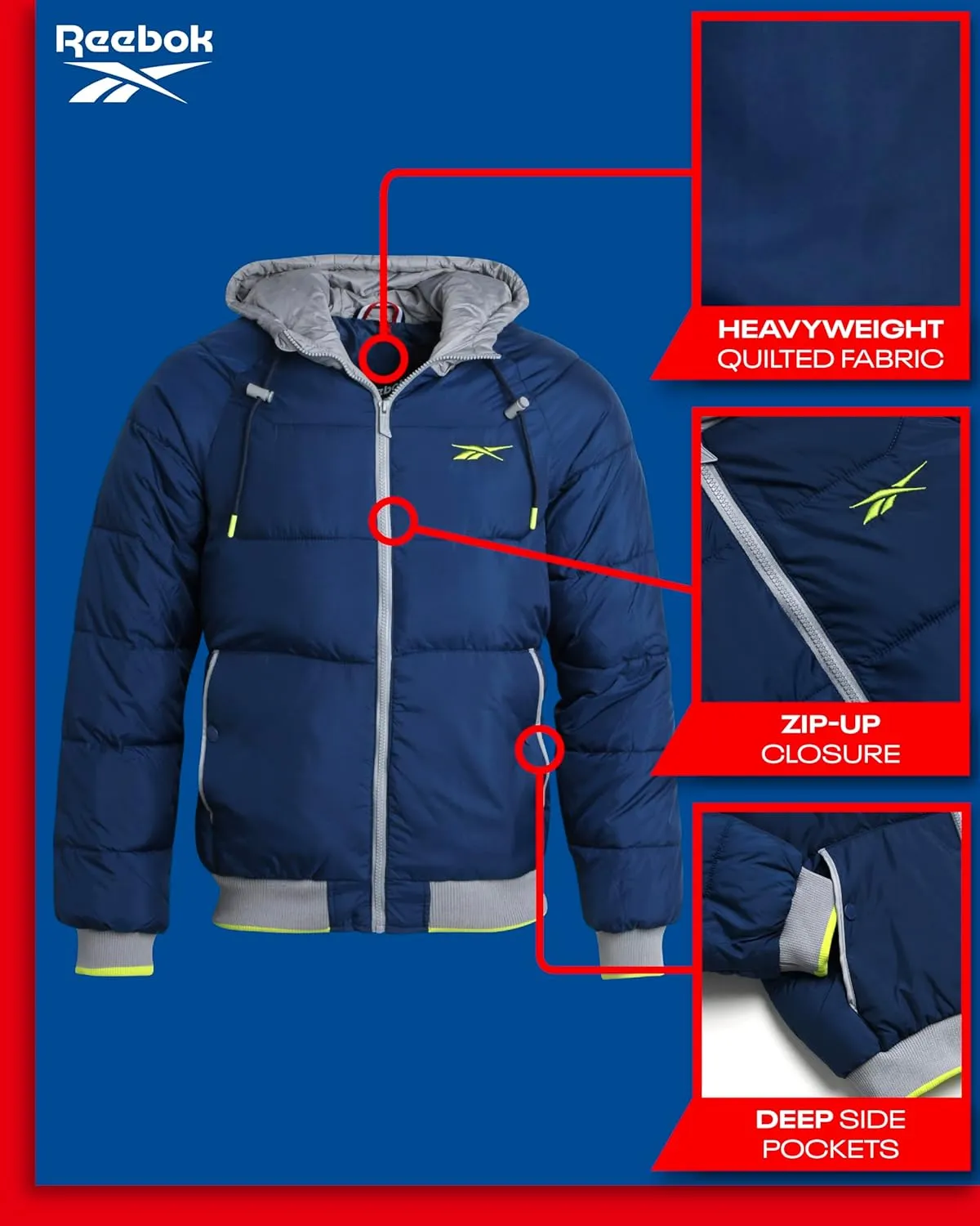 Reebok Men's Puffer Jacket - Heavyweight Weather Resistant Quilted Puffer Coat Rib Cuff - Ski Jackets for Men (Sizes: M-XXL)