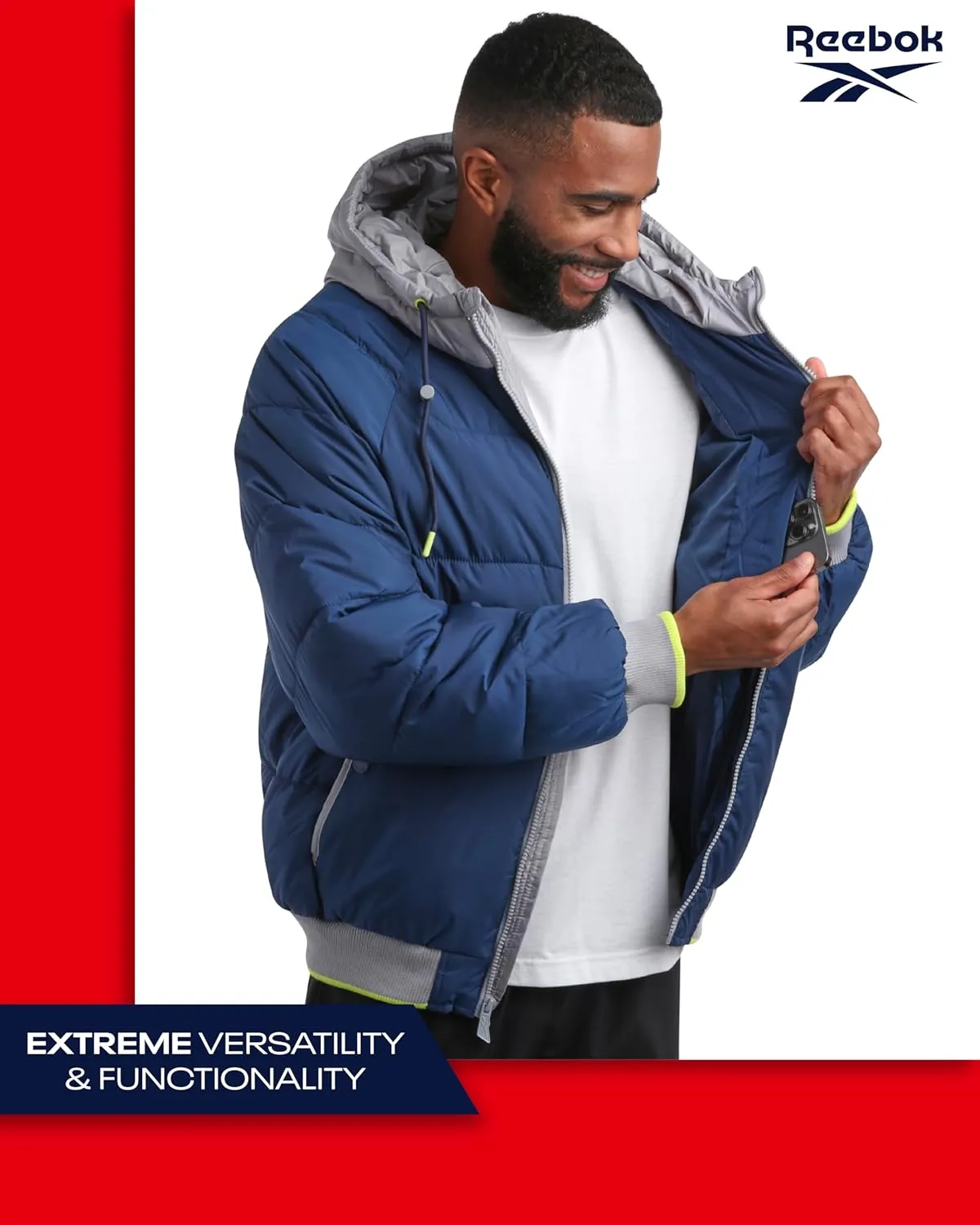 Reebok Men's Puffer Jacket - Heavyweight Weather Resistant Quilted Puffer Coat Rib Cuff - Ski Jackets for Men (Sizes: M-XXL)