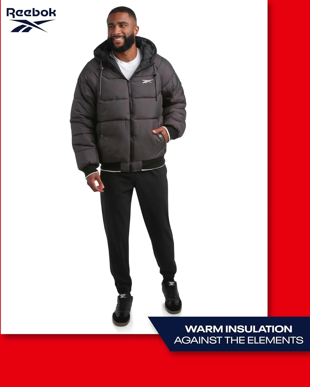 Reebok Men's Puffer Jacket - Heavyweight Weather Resistant Quilted Puffer Coat Rib Cuff - Ski Jackets for Men (Sizes: M-XXL)