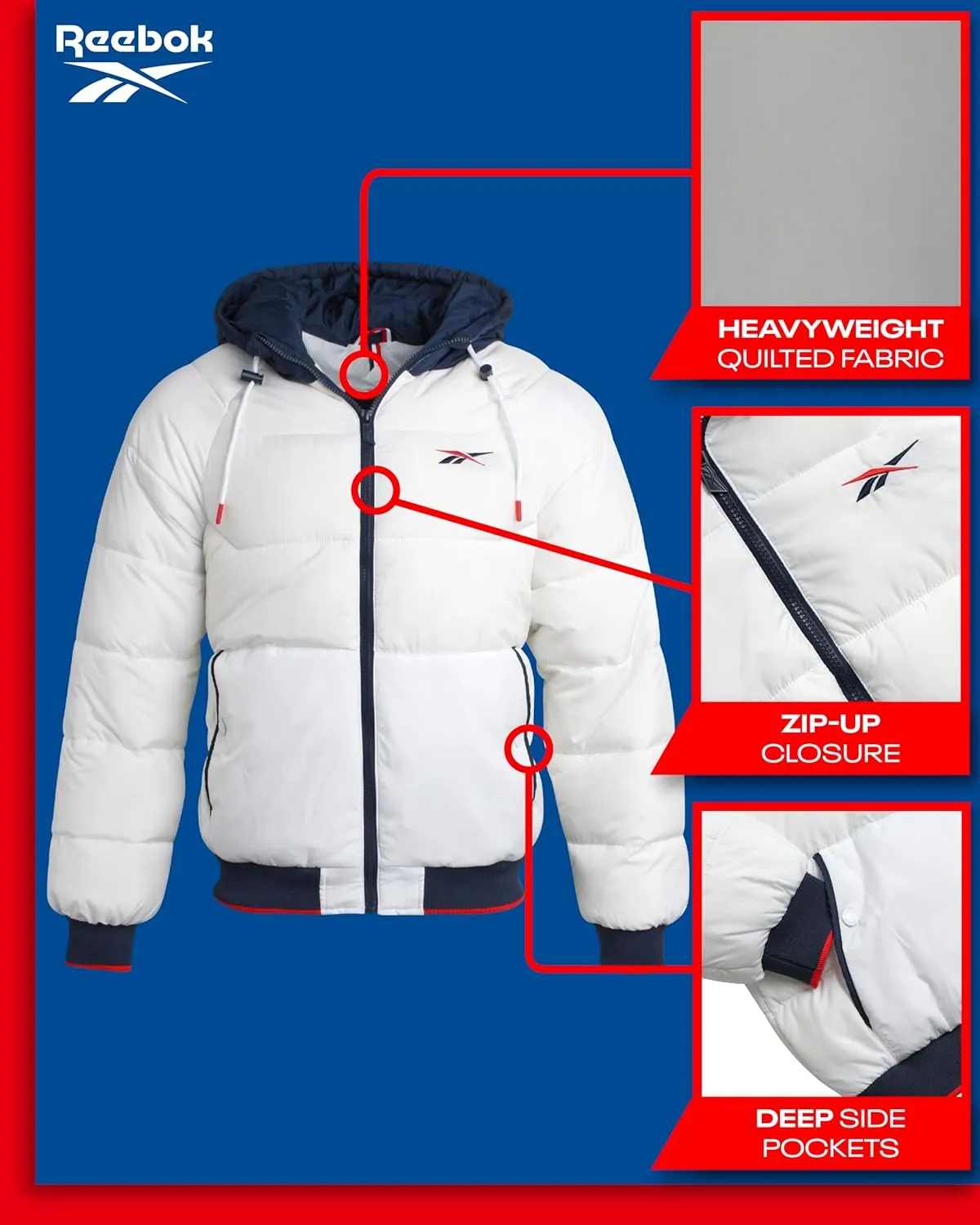 Reebok Men's Puffer Jacket - Heavyweight Weather Resistant Quilted Puffer Coat Rib Cuff - Ski Jackets for Men (Sizes: M-XXL)
