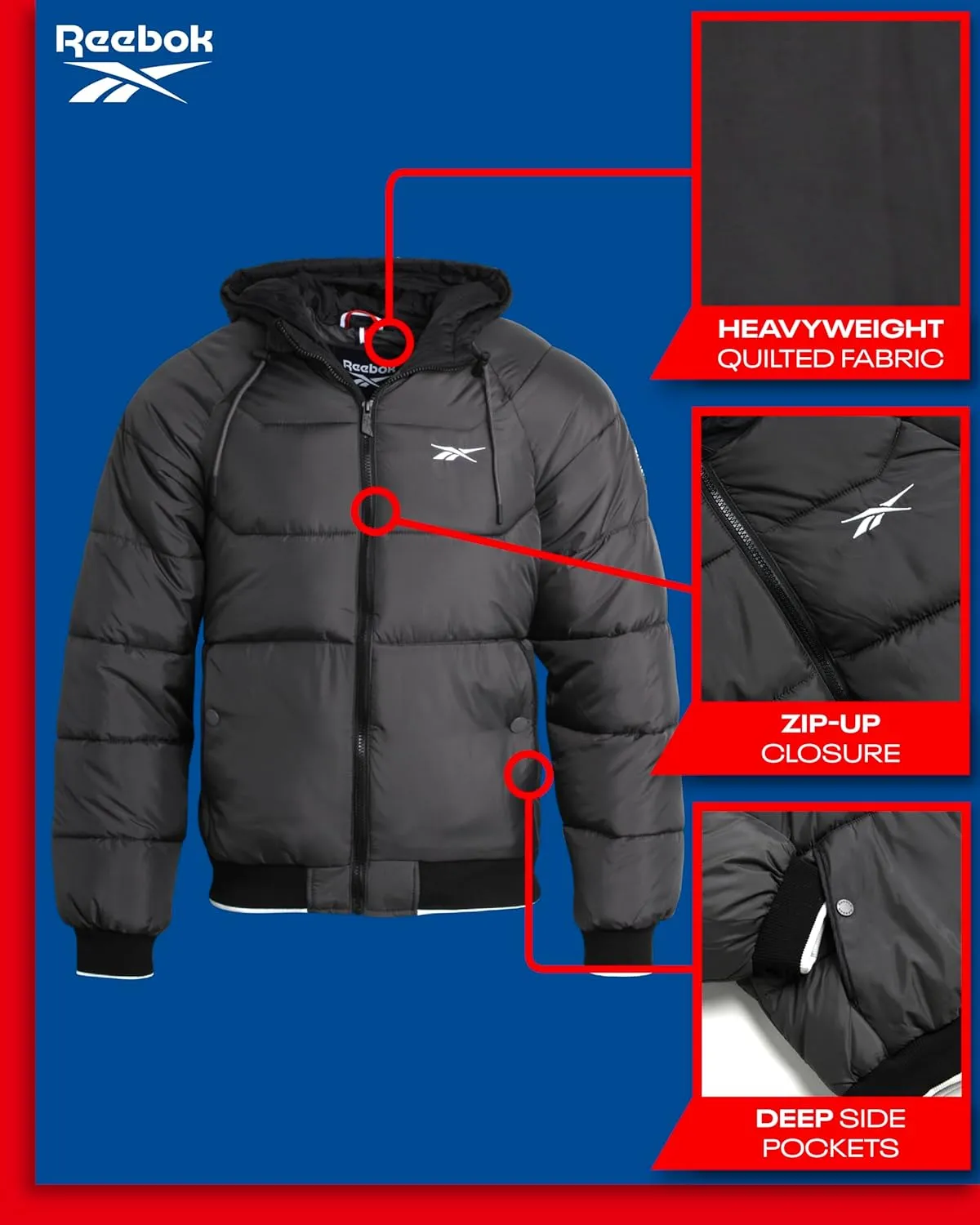 Reebok Men's Puffer Jacket - Heavyweight Weather Resistant Quilted Puffer Coat Rib Cuff - Ski Jackets for Men (Sizes: M-XXL)
