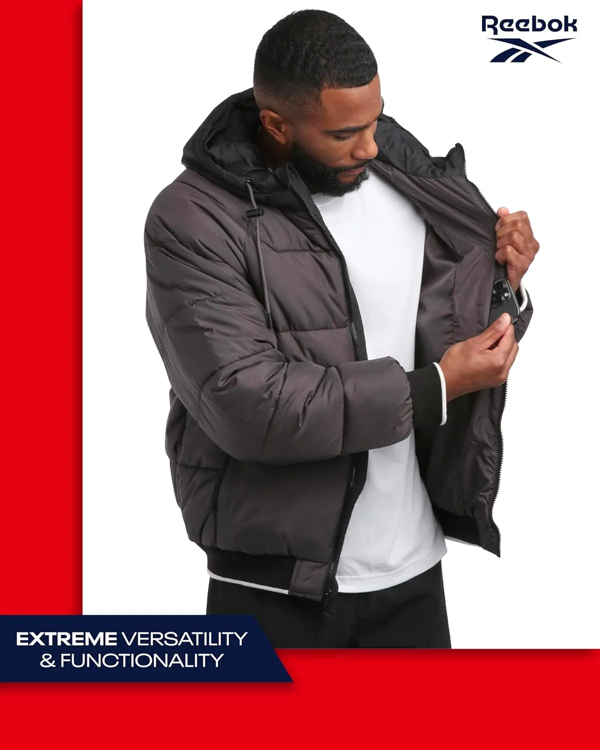 Reebok Men's Puffer Jacket - Heavyweight Weather Resistant Quilted Puffer Coat Rib Cuff - Ski Jackets for Men (Sizes: M-XXL)
