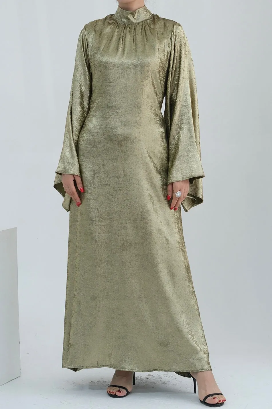 Rola Shiny High Collar Maxi Dress Abaya 777-Green
