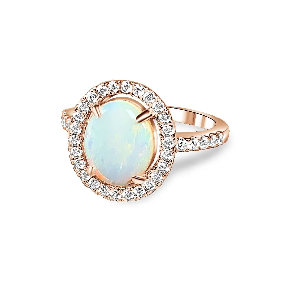 Rose Gold Plated White Opal 10x8mm halo ring
