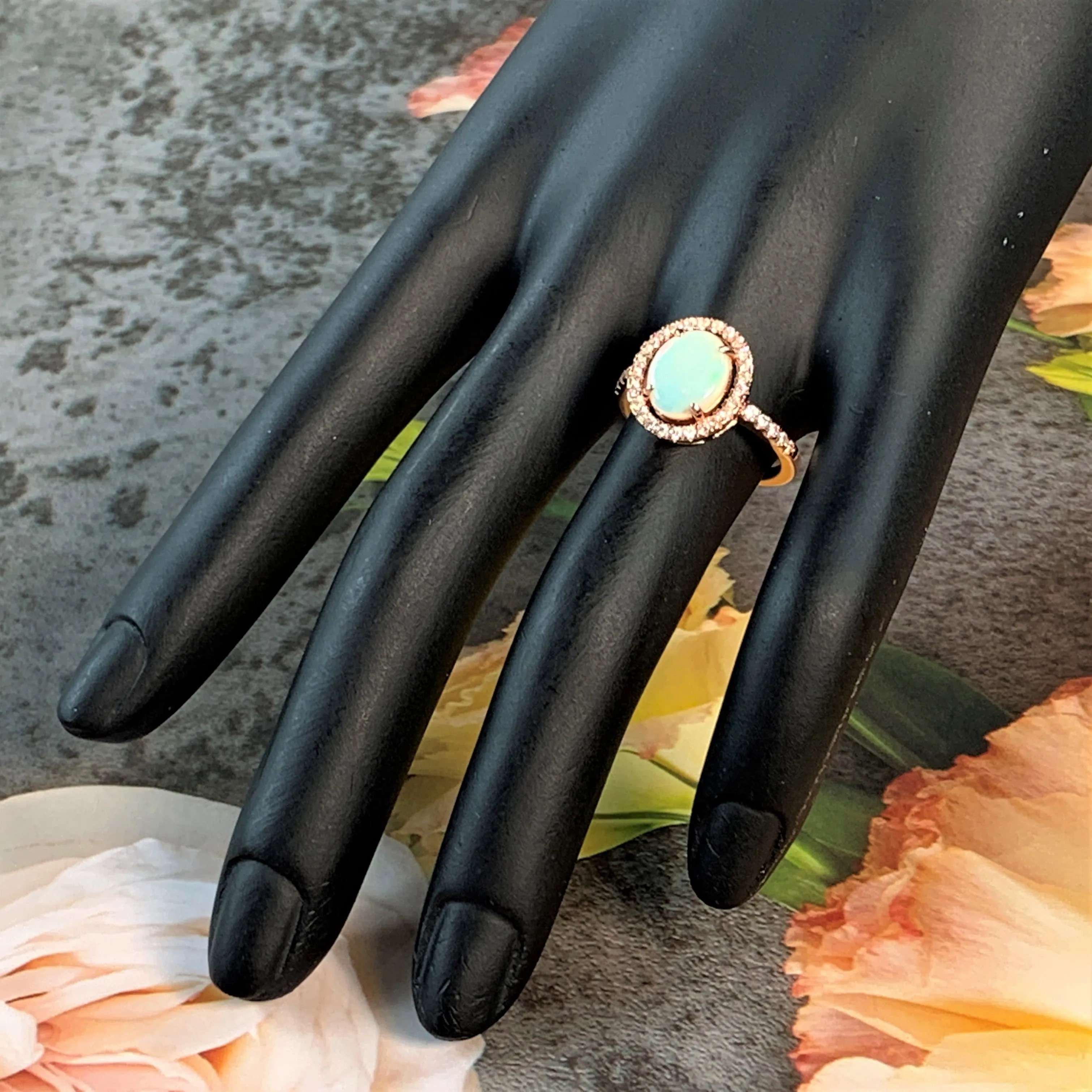 Rose Gold Plated White Opal 10x8mm halo ring