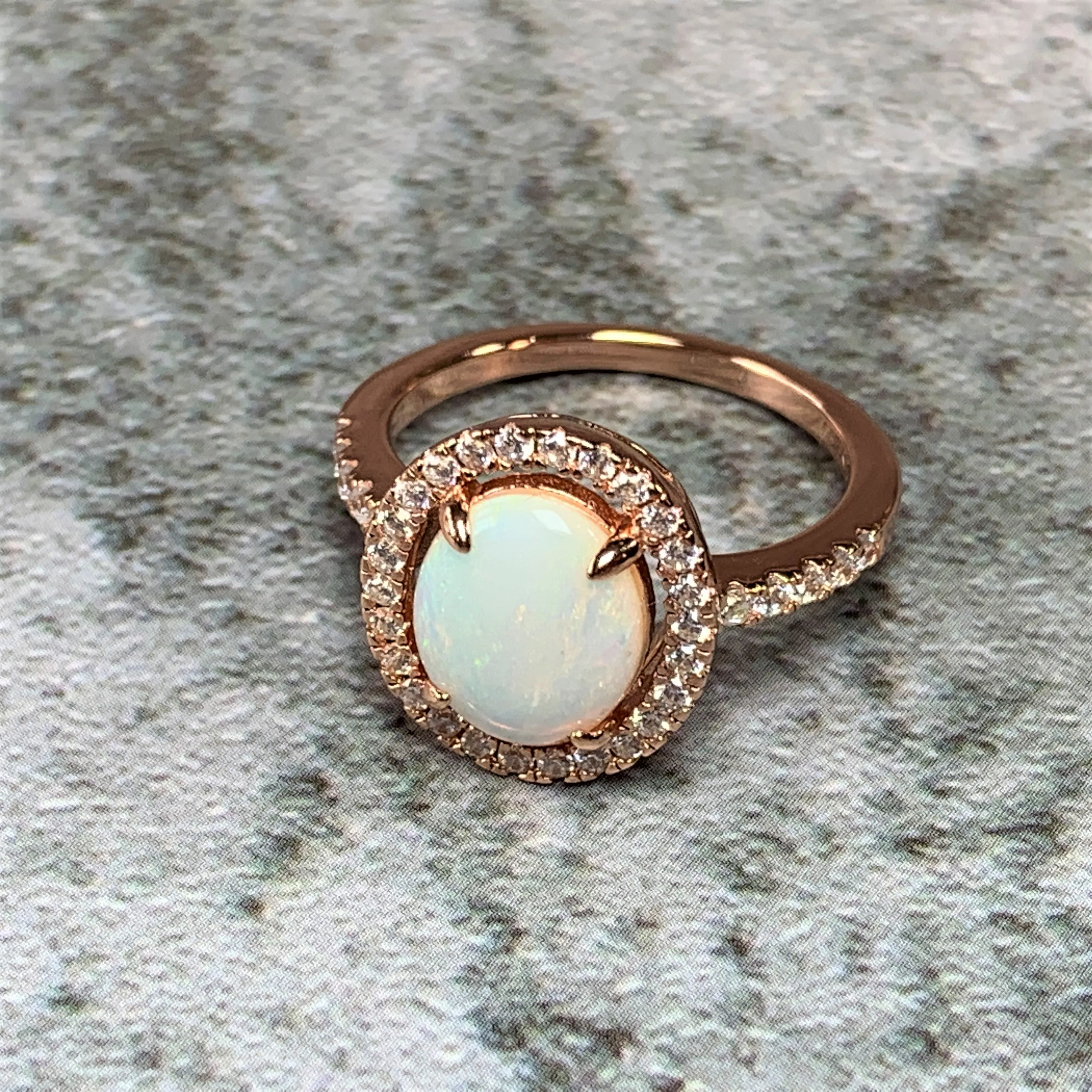 Rose Gold Plated White Opal 10x8mm halo ring