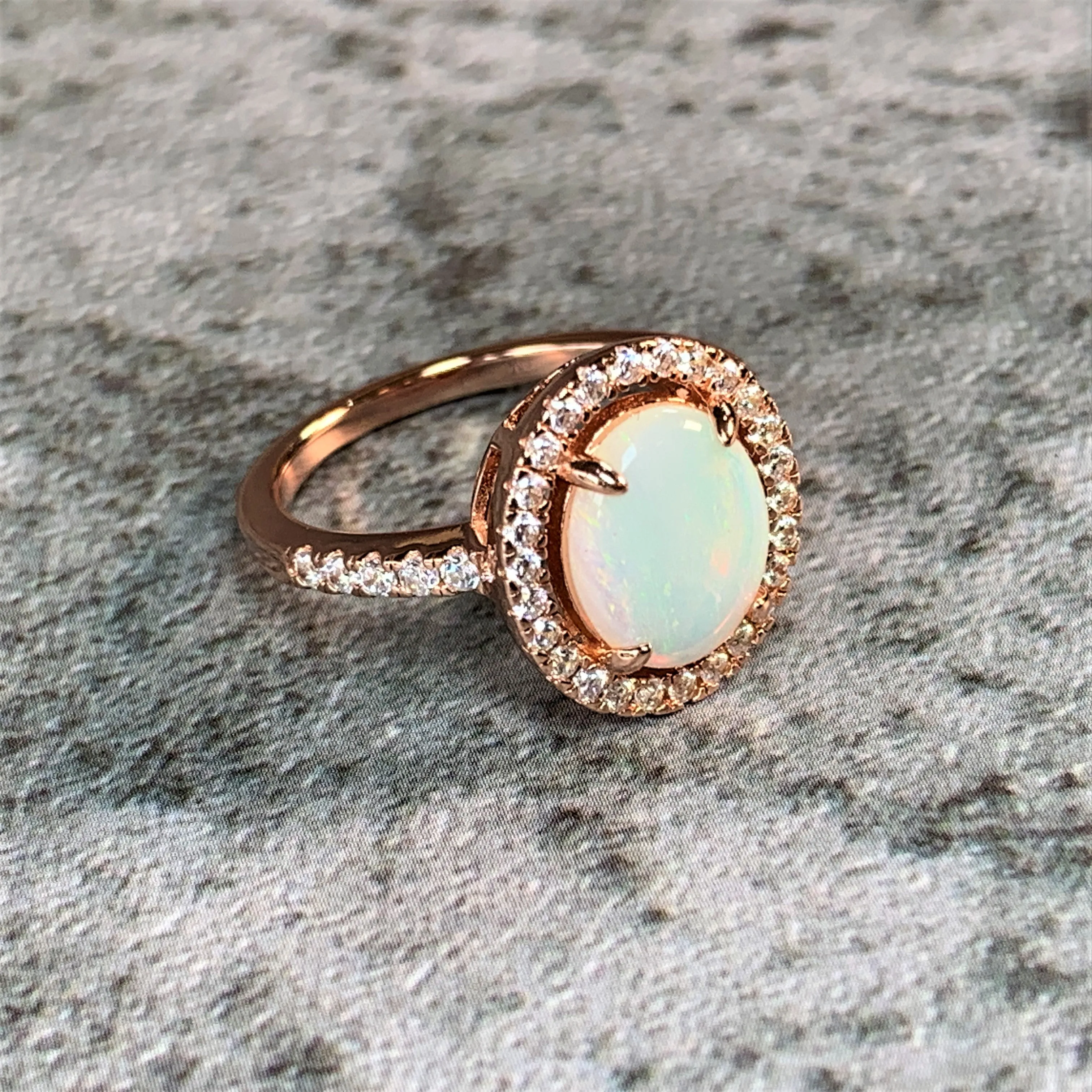 Rose Gold Plated White Opal 10x8mm halo ring