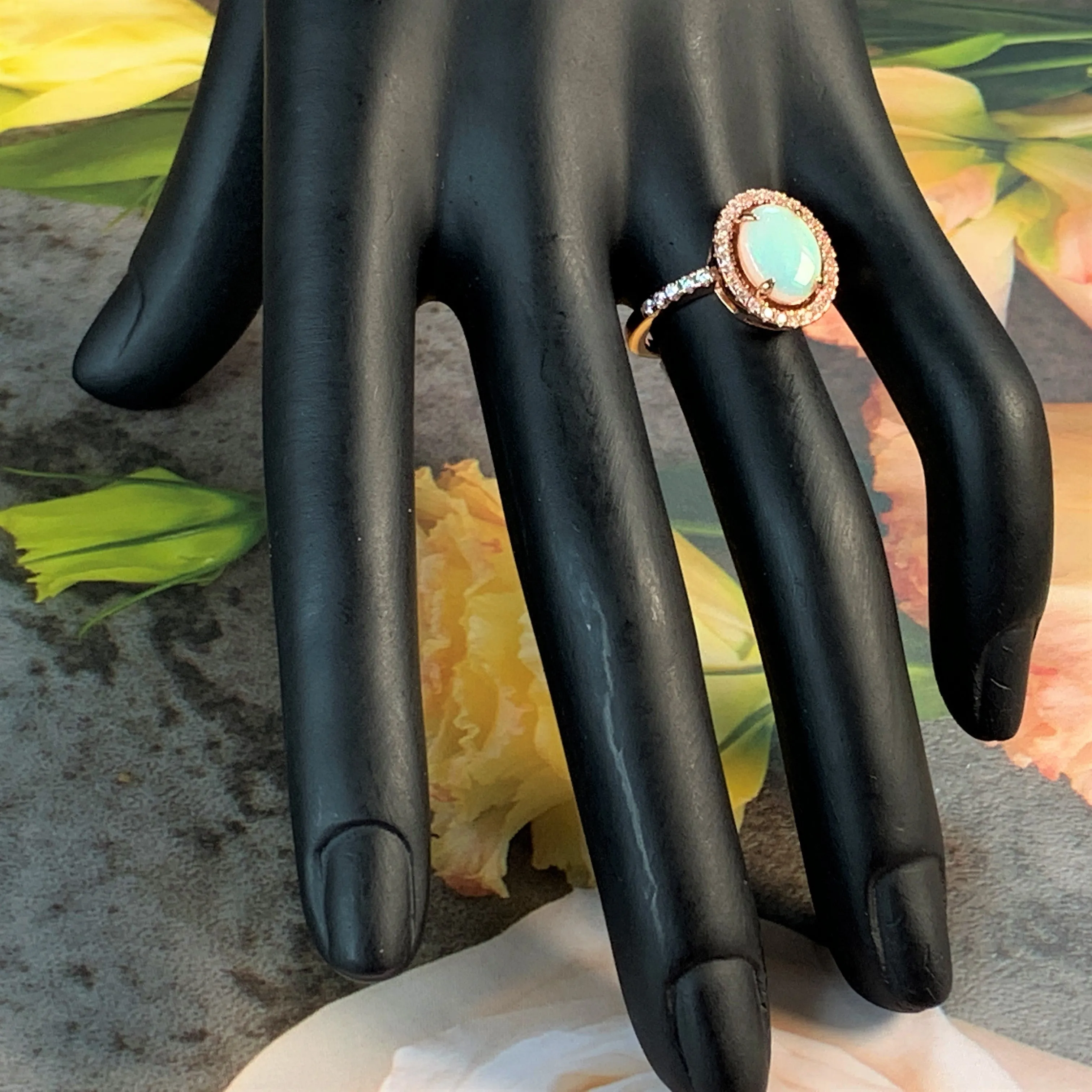 Rose Gold Plated White Opal 10x8mm halo ring