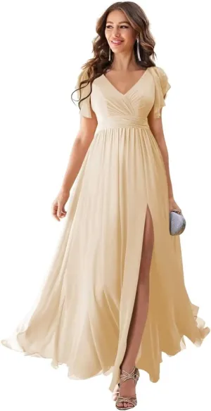 Ruffle Sleeves Chiffon V Neck Split Bridesmaid Dresses for Wedding Flowy Evening Gown Formal Women Dress with Slit