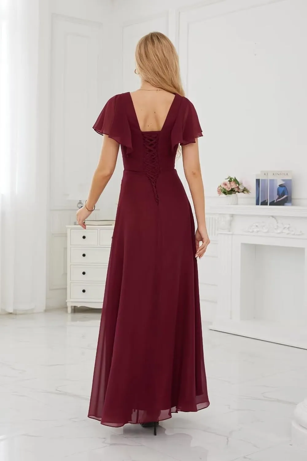 Ruffle Sleeves Chiffon V Neck Split Bridesmaid Dresses for Wedding Flowy Evening Gown Formal Women Dress with Slit
