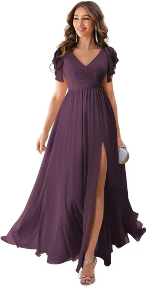 Ruffle Sleeves Chiffon V Neck Split Bridesmaid Dresses for Wedding Flowy Evening Gown Formal Women Dress with Slit