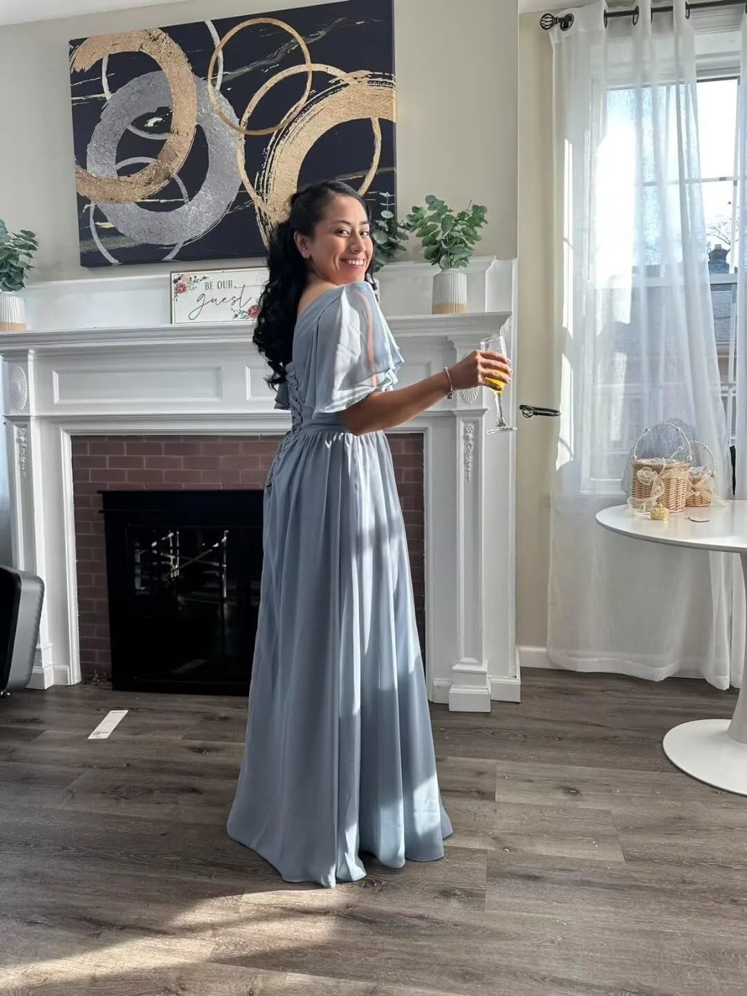 Ruffle Sleeves Chiffon V Neck Split Bridesmaid Dresses for Wedding Flowy Evening Gown Formal Women Dress with Slit