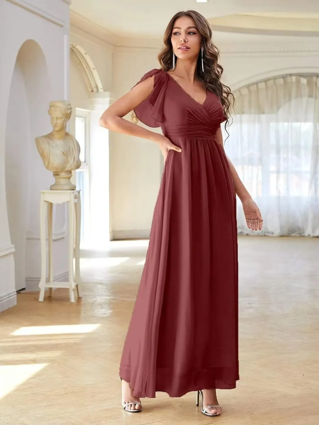 Ruffle Sleeves Chiffon V Neck Split Bridesmaid Dresses for Wedding Flowy Evening Gown Formal Women Dress with Slit