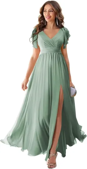 Ruffle Sleeves Chiffon V Neck Split Bridesmaid Dresses for Wedding Flowy Evening Gown Formal Women Dress with Slit