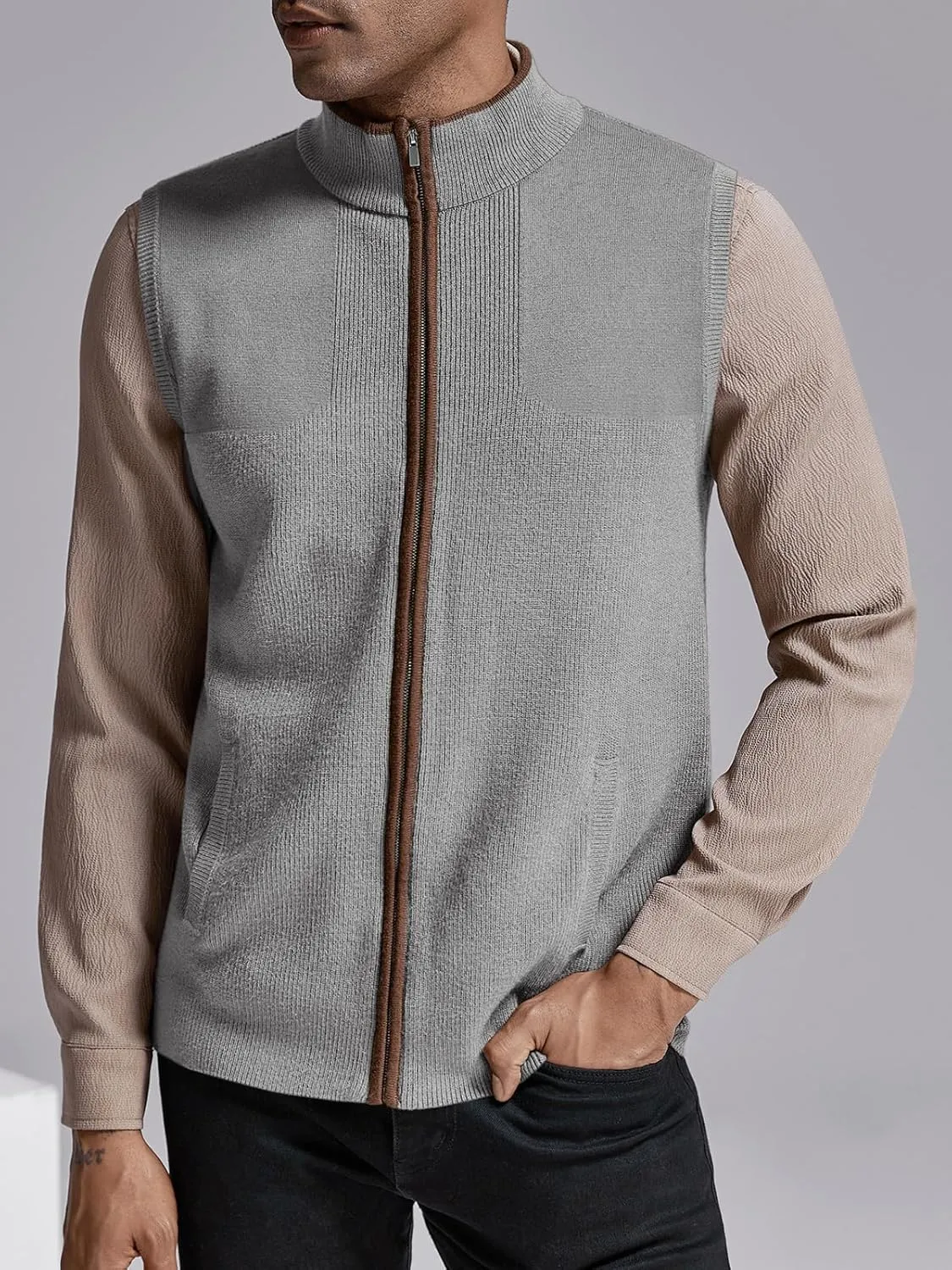 Ryannology Mens Sweater Vest Zip up Casual Sleeveless Cardigan Knitted Stand Collar Regular Fit Jacket with Pockets