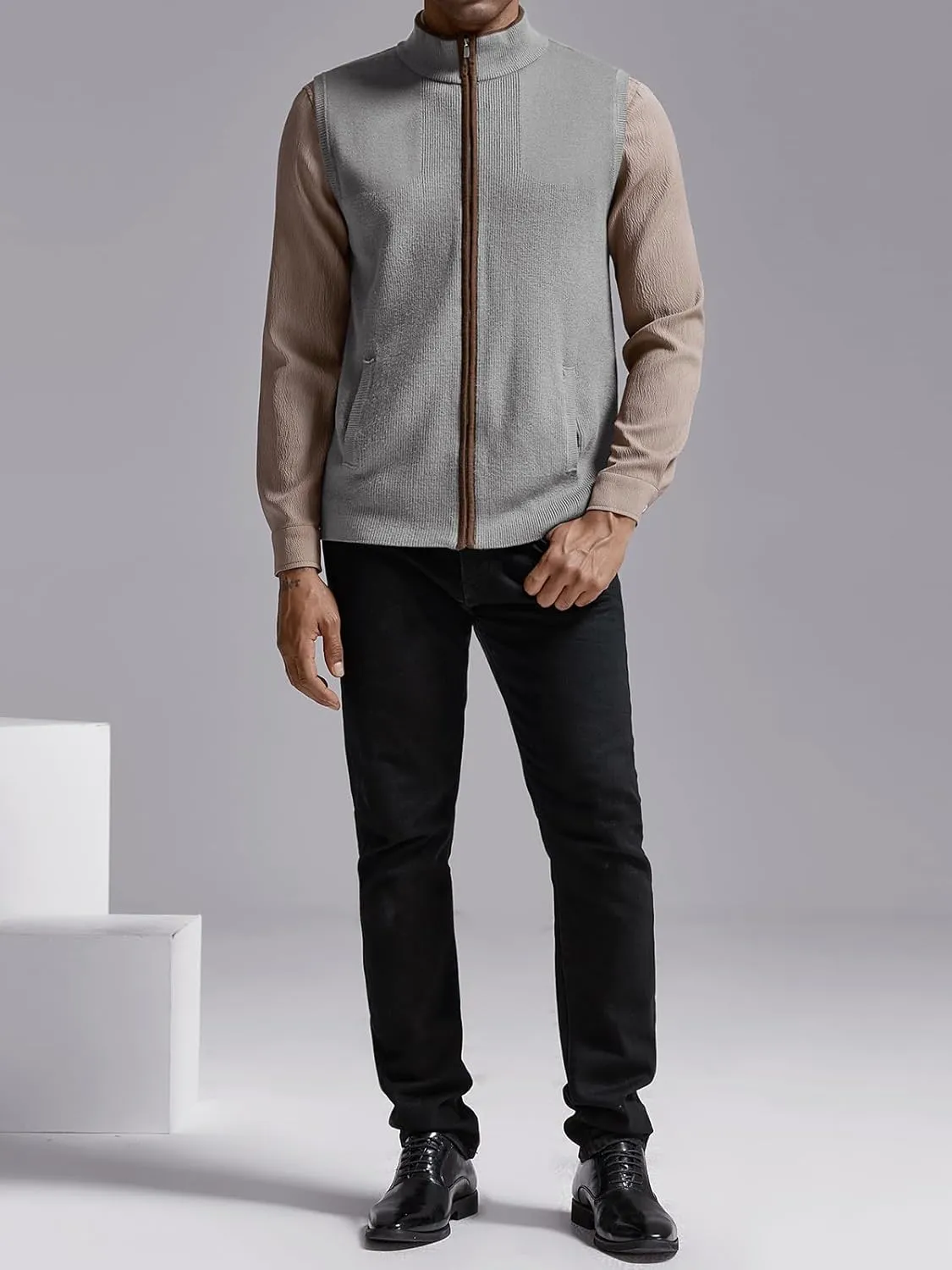 Ryannology Mens Sweater Vest Zip up Casual Sleeveless Cardigan Knitted Stand Collar Regular Fit Jacket with Pockets