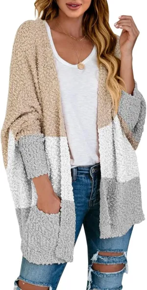 Saodimallsu Women's Chunky Popcorn Cardigan Oversized Open Front Boyfriend Batwing Long Sleeve Fuzzy Knit Sweaters