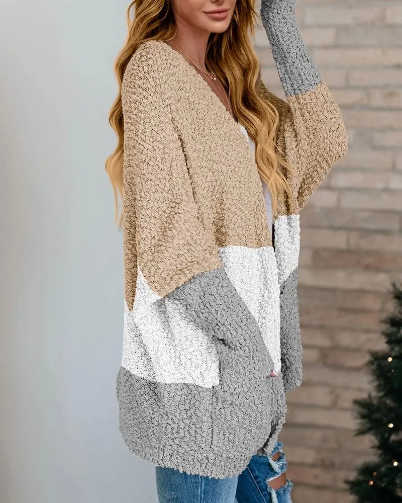 Saodimallsu Women's Chunky Popcorn Cardigan Oversized Open Front Boyfriend Batwing Long Sleeve Fuzzy Knit Sweaters