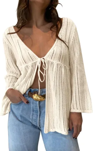Saodimallsu Womens Summer Lightweight Tie Front Cardigans Crochet Knit Long Bell Sleeve Casual V Neck Beach Cover Ups