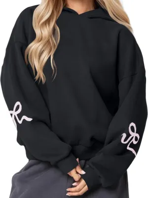 Sastianaen Cute Bow Hoodies for Women Y2k Oversized Embroidered Hoodies Vintage Pullover Sweatshirt Streetwear