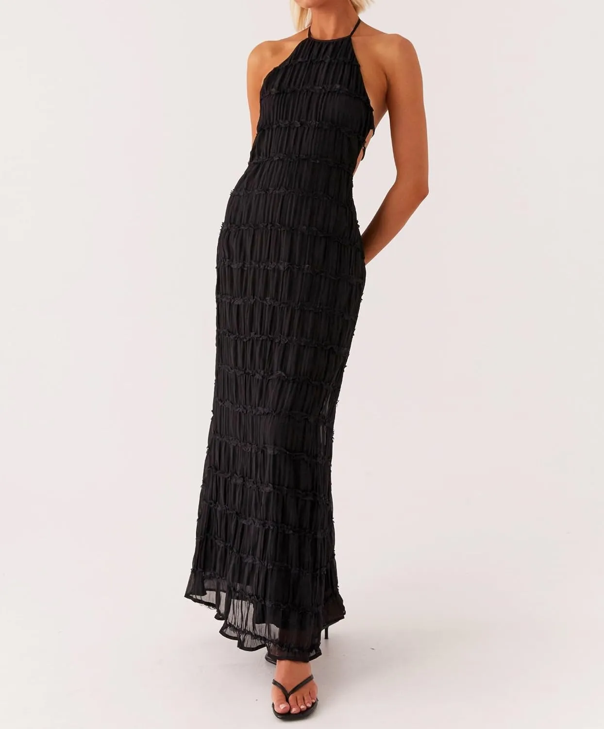 Sastianaen Women Summer Halter Neck Backless Maxi Dress Y2K Sexy Cut Out Flowy Tiered Ruffle Beach Long Dress