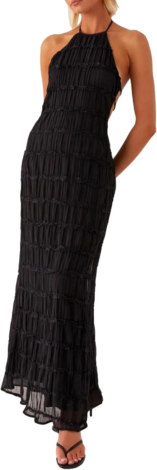 Sastianaen Women Summer Halter Neck Backless Maxi Dress Y2K Sexy Cut Out Flowy Tiered Ruffle Beach Long Dress