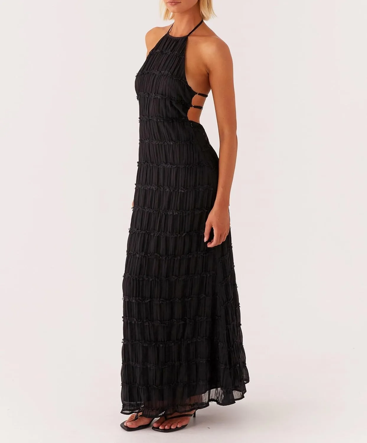 Sastianaen Women Summer Halter Neck Backless Maxi Dress Y2K Sexy Cut Out Flowy Tiered Ruffle Beach Long Dress