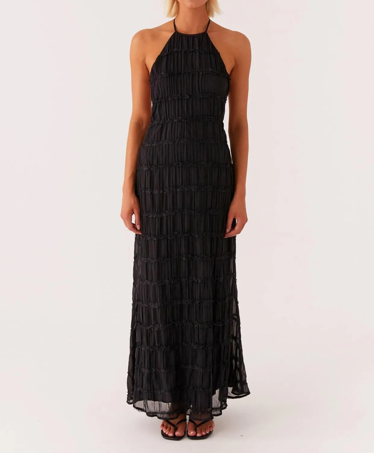 Sastianaen Women Summer Halter Neck Backless Maxi Dress Y2K Sexy Cut Out Flowy Tiered Ruffle Beach Long Dress