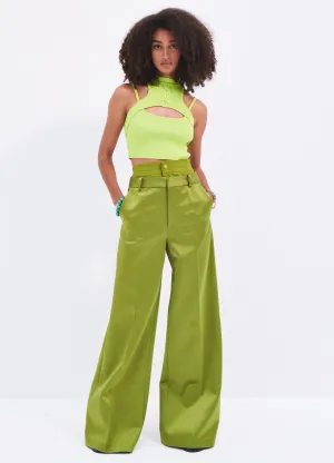 Satin Double Waistband Wide Leg Trousers
