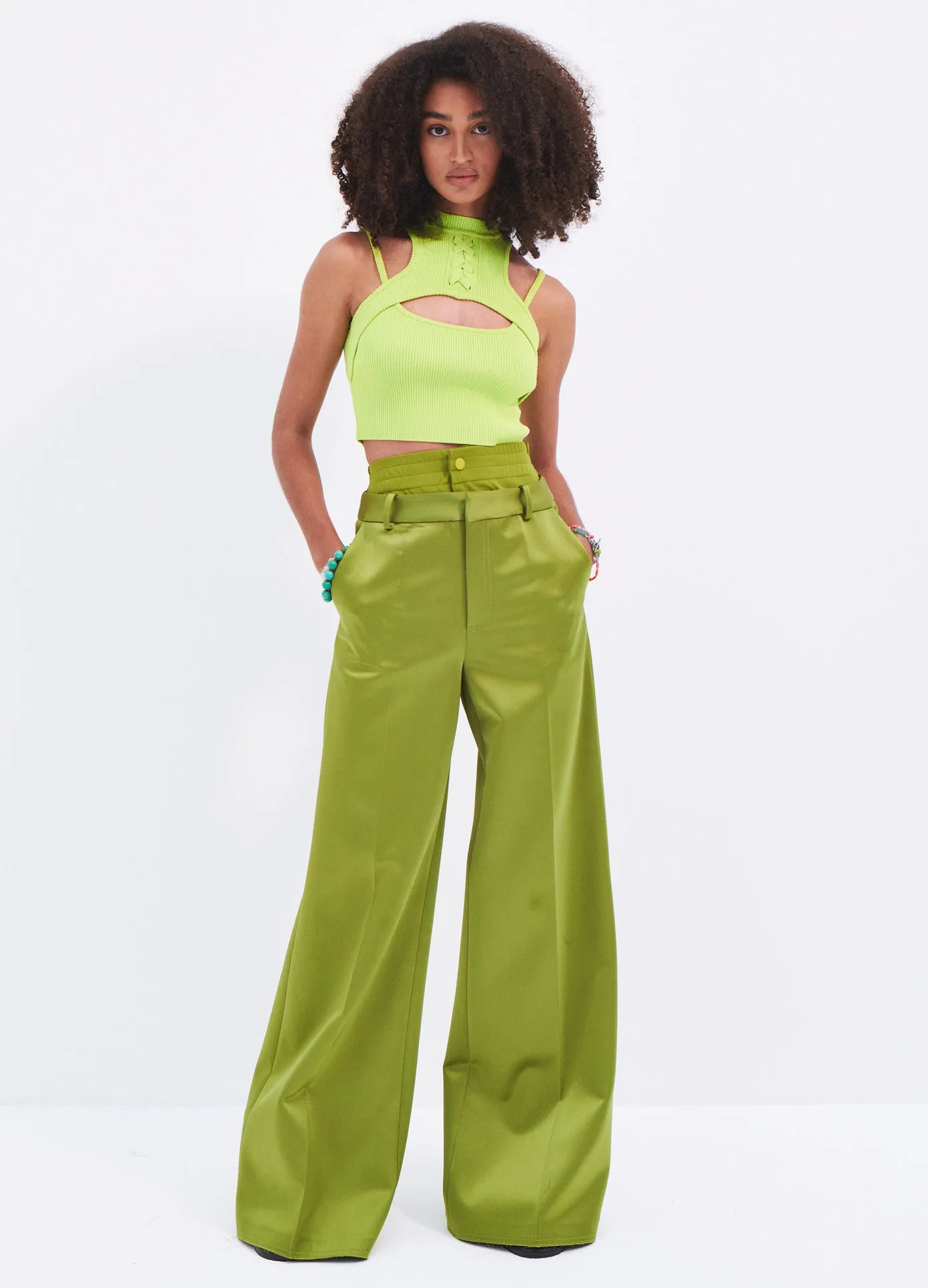 Satin Double Waistband Wide Leg Trousers