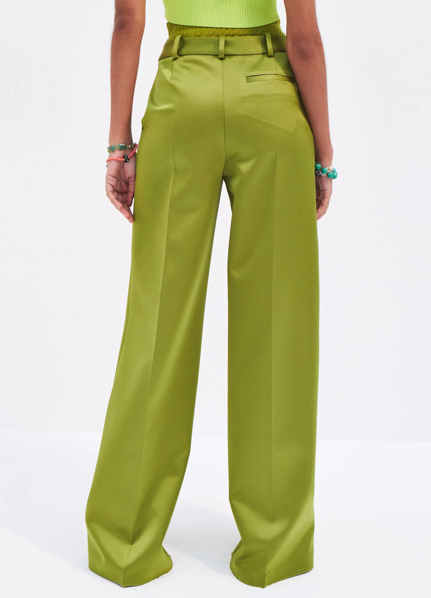 Satin Double Waistband Wide Leg Trousers